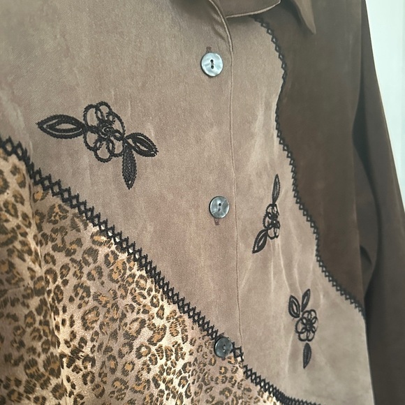 TANJAY | Vintage Brown Mixed Media Animal Print Embroidered Button Up Blouse - Picture 4 of 15